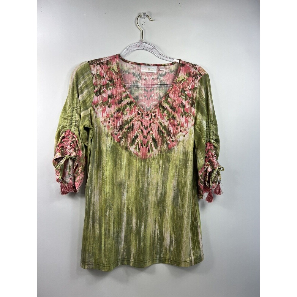 Belle by Kim Gravel Top Women's Sz XXS Green Floral‎ 3/4 Sleeve With Tassels
